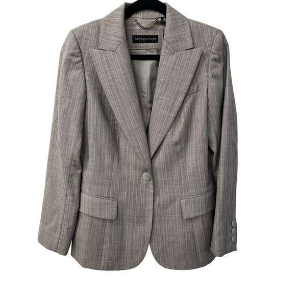 Dana Buchman Wool Gray Pink Pinstriped Single Breaster Blazer Size 8 - Picture 1 of 6